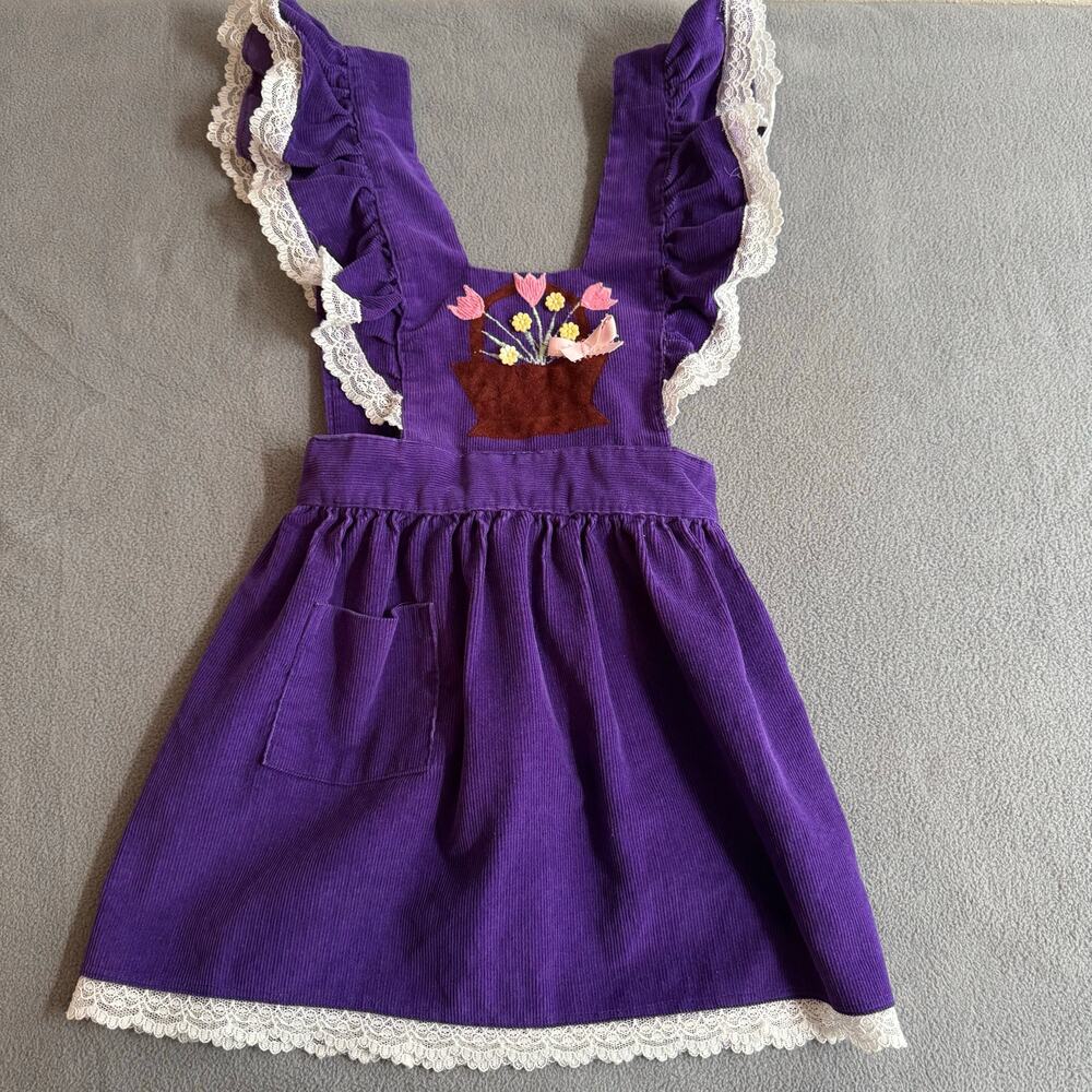 Vintage 80s‎ Handmade? Spring Easter Purple Corduroy Pinafore Jumper Dress 5T?